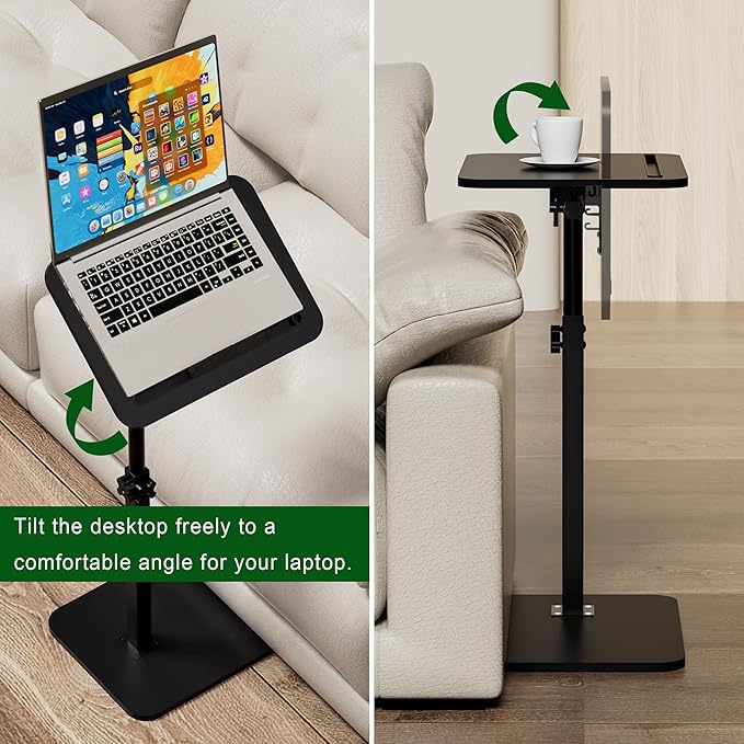 Black Side Tray Table for Couch - 360ยฐ Swivel Adjustable Height Rotating Sofa Table C Table End Table Laptop Desk with Phone & Tablet Slot, Perfect for Eating Working Reading, Fits Small Spaces