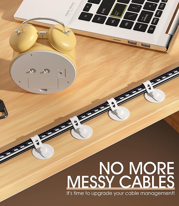 Cable Management Under Desk, Adjustable Self-Adhesive Silicone Cable Ties Cord Organizer, Reusable Heavy-Duty Cord Holder Under Table for Office, Home, School (20Pcs-White)