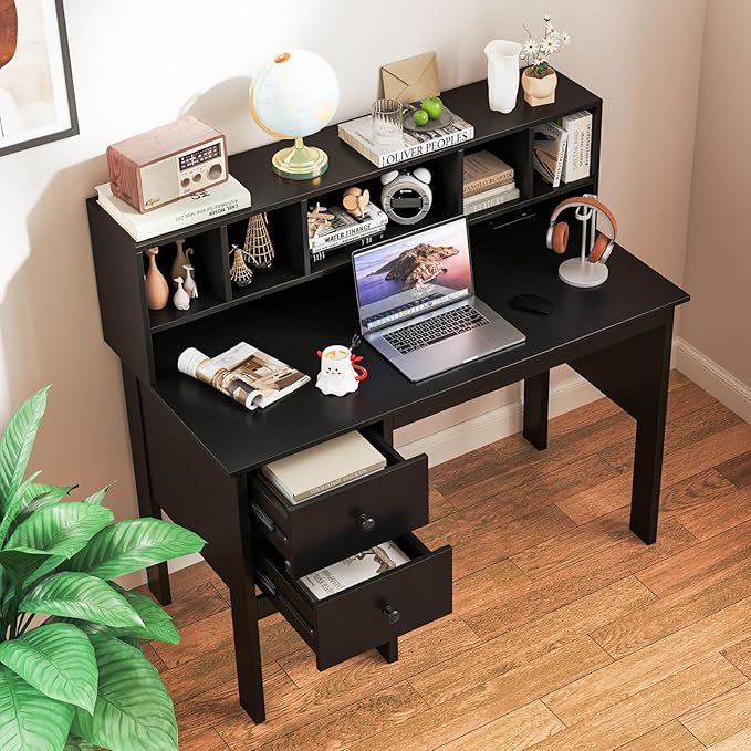 Giantex Black Desk with Drawers & Hutch, Home Office Desk with Charging Station, 5 Storage Cubbies, Makeup Vanity Table, Modern Study Writing Desk, PC Laptop Desks, Computer Workstation for Bedroom