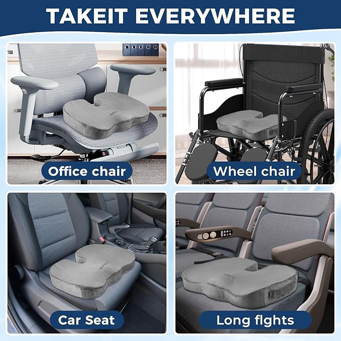 Gel Memory Foam Layer Wheelchair Cushion - Wheelchair Office Chair, Kitchen Chair, Car Seat - Pressure Pain and Tailbone Pain Relief - High Density Foam Base (Grey)