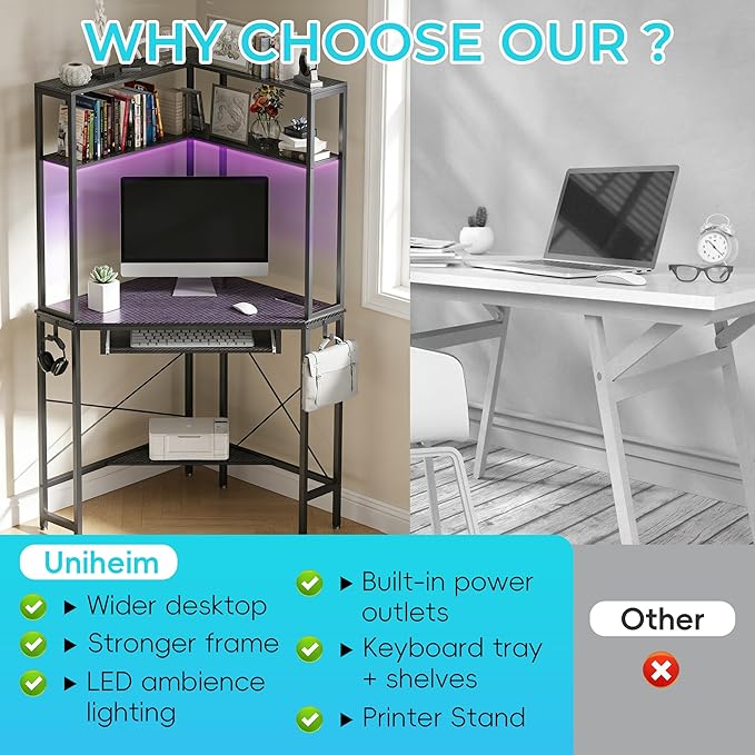 Corner Desk with Hutch and LED Lights, Corner Computer Desk with Keyboard Tray and Monitor Stand, Small Computer Desk for Small Spaces, Home Office(Carbon Black)