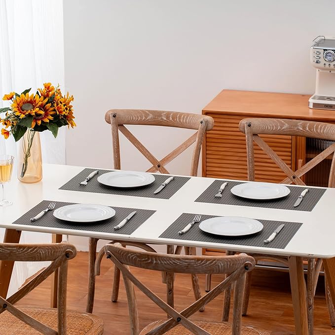 Heat Resistant Woven Vinyl Placemats, PVC Polyester Blend, 17.72x11.81 Inches, Gold and Gray, Set of 4, Non-Slip Stain Resistant Kitchen Table Mats