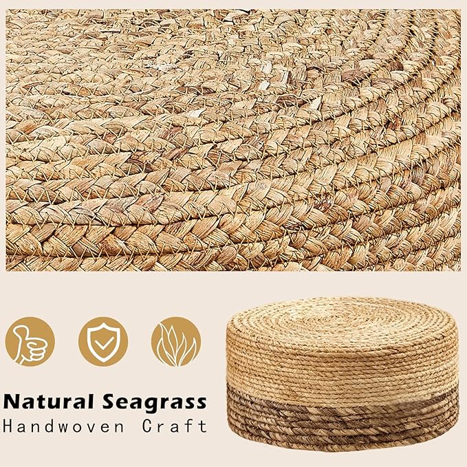 Wimarsbon Round Foot Stool Natural Seagrass Poufs Ottoman Hand Weave Footrest Stool for Couch Desk Extra Seat Step Stool with Solid Wood Legs for Hallway Patio Lounge Brown