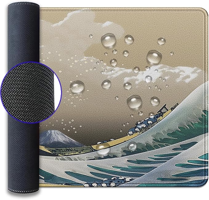 Japanese Wave Large Gaming Mouse Pad Desk Pad, 27.5x11.8in The Great Wave Off Kanagawa Extended Desk Mat with Stitched Edges, Non-Slip Waterproof Rubber Base for Office, Computer & Laptop
