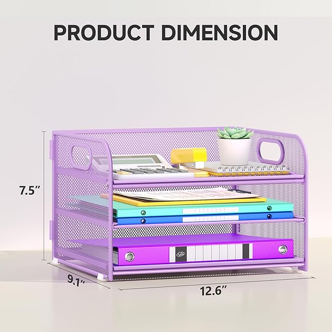 Cawukege 3 Tier Paper Organizer with Handle, Metal Desk Organizer Mesh Paper Letter Tray Desktop File Folder Document Sorter for Classroom, School, Office Accessories Storage (1, Purple)