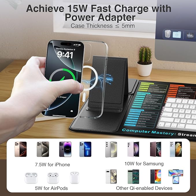 Wireless Charging Mouse Pad with Foldable Phone Holder, 31.5"x15.8" XXL Excel Cheat Sheet Desk Mat for Laptop/Keyboard, Waterproof Ultra-Smooth Surface, Non-Slip Base