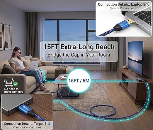 USB to USB Cable 15FT, Durable Braided USB 3.0 Male to Male Type A to Type A Data Transfer Cable, Compatible with Hard Drive, Laptop, DVD Player, TV, USB Hub, Monitor, Camera, Set-Top Box