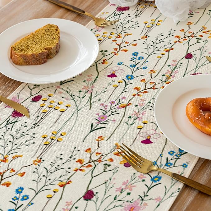 Watercolor Wild Flowers Table Runner, Seasonal Summer Holiday Kitchen Dining Table Decoration for Home Party Decor 13 x 90 Inch