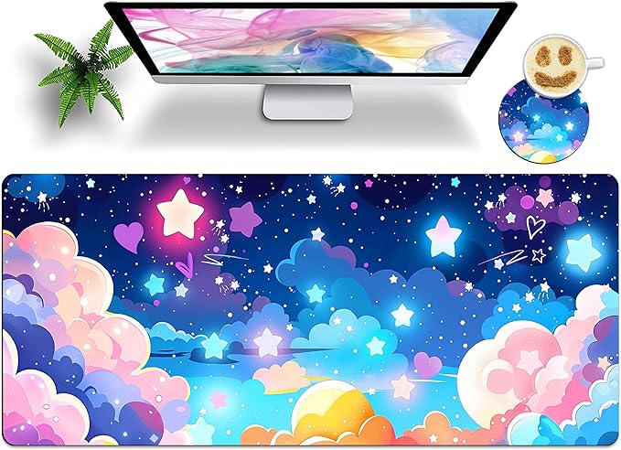Large Mouse Pad with Coaster 35.4x15.7 XXL Extended Mousepad Desk Mat for Keyboard and Mouse, Waterproof Non-Slip Desk Pad, Office Essentials Desk Accessories for Home Office-Pastel Rainbow Star