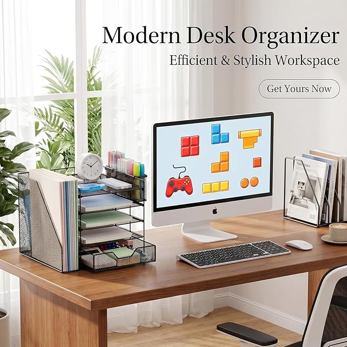 Desk Organizers and Accessories, 5-Tier Paper Letter Tray Organizer with File Holder, Drawer & Pen Holder, Office Desk Accessories, Desktop Organizer for Classroom Office Supplies, Black