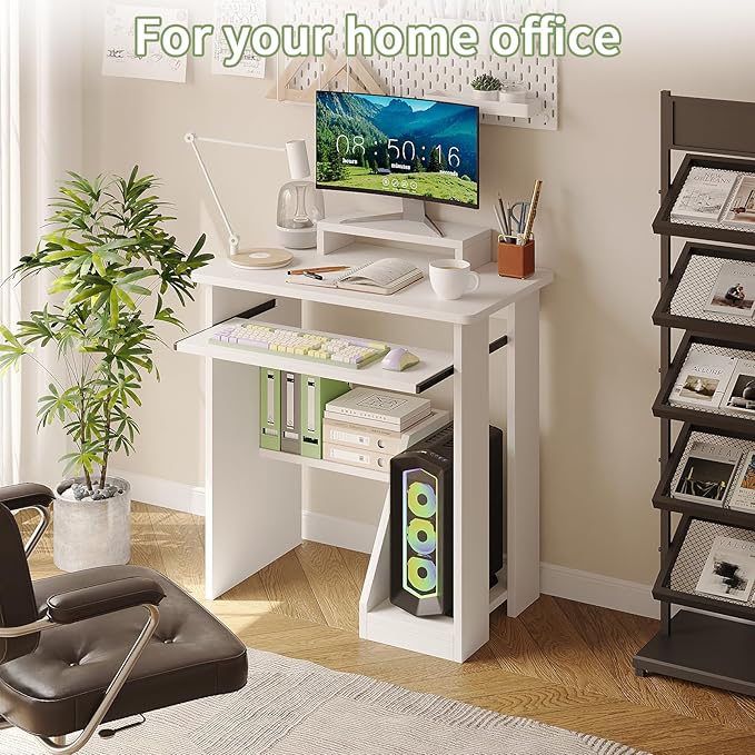 ALISENED Computer Desk, 30 Inch Compact Desk with Keyboard Tray & Monitor Stand for Space-Saving, Ergonomic Study Desk with Storage Shelves for Writing, Gaming, Working, White