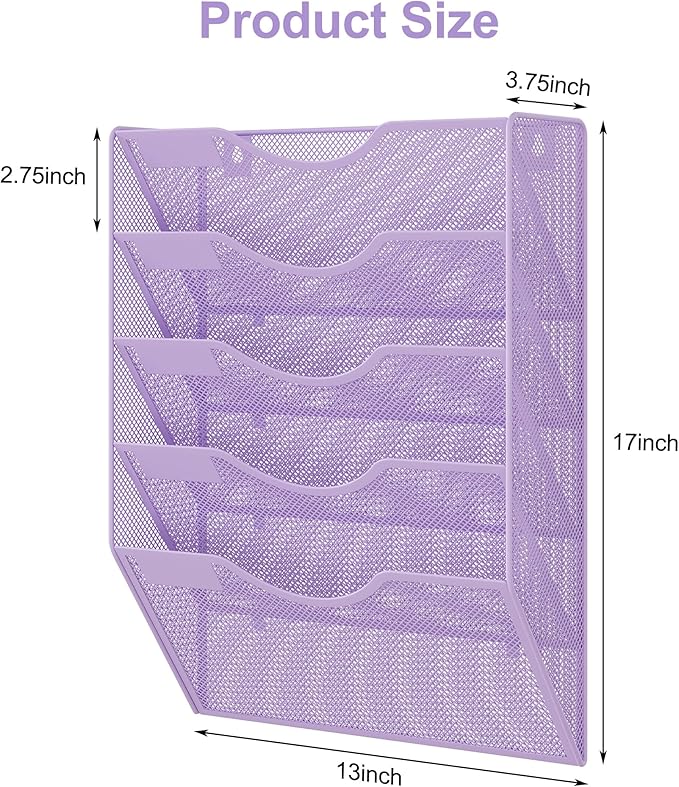 EasyPAG Wall File Organizer 5 Tier Hanging Paper Folder Holder, Zero Assembly Metal Mesh Wall Mounted Mail Organizer for Office Home Classroom Narrow Spaces, Puple