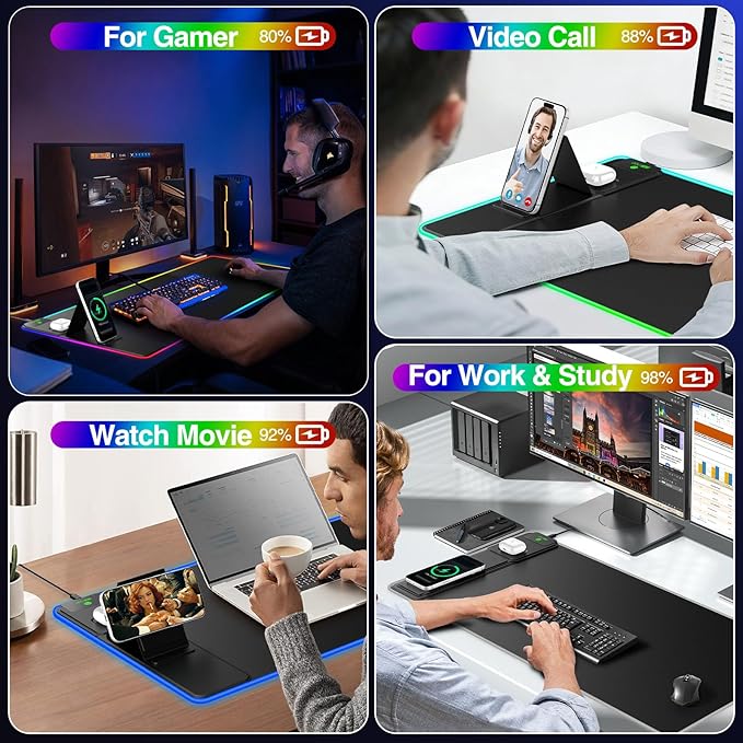 XXL RGB LED Gaming Mouse Pad with Magnetic Wireless Charger & Foldable Phone Holder, 31.5"x15.8" Extended Ultra-Smooth Desk Mat, 25 Lighting Effects, Non-Slip Base