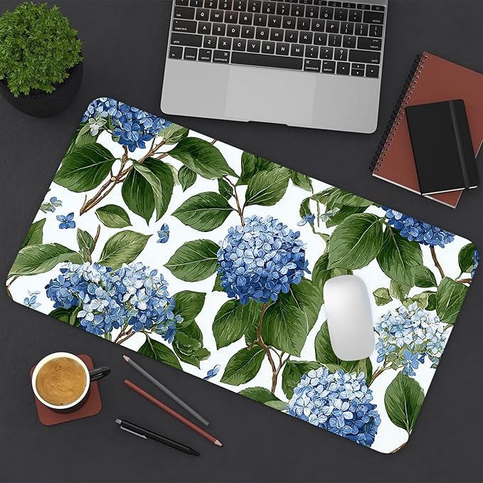 Blue Flower Mouse Pad PU Leather Green Leaves Desk Mat Large Waterproof Gaming Pad Non-Slip Keyboard Mouse Pad Writing Pad for Gamer Office&Home