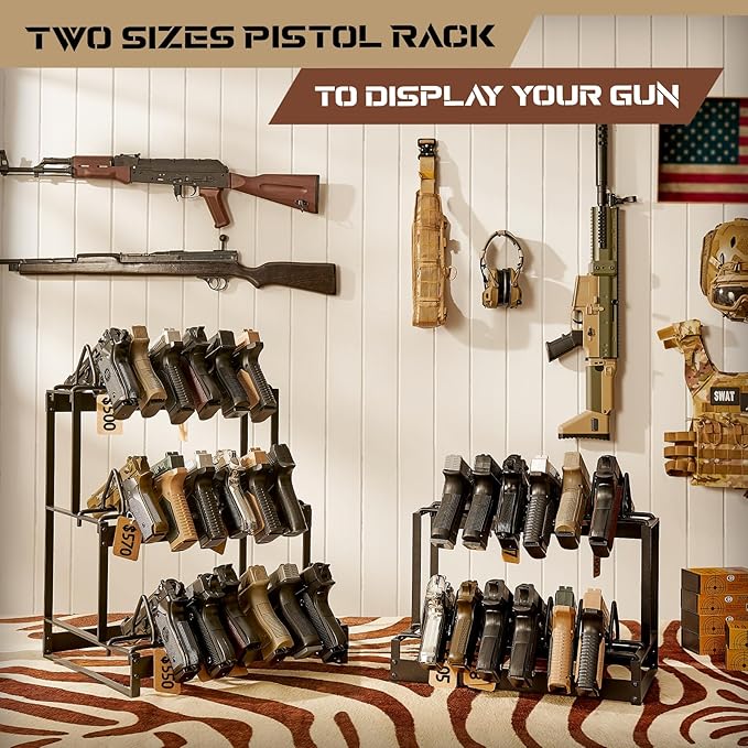 Poyilooo Pistol Rack, 2Tier Portable Pistol Rack for Gun, Hold Up 12 Handguns Pistol Stand for Gun Storage, Pistol Holder for Gun Heavy Duty Steel Gun Rack for Shot Exhibitior Retail Shop Home Office
