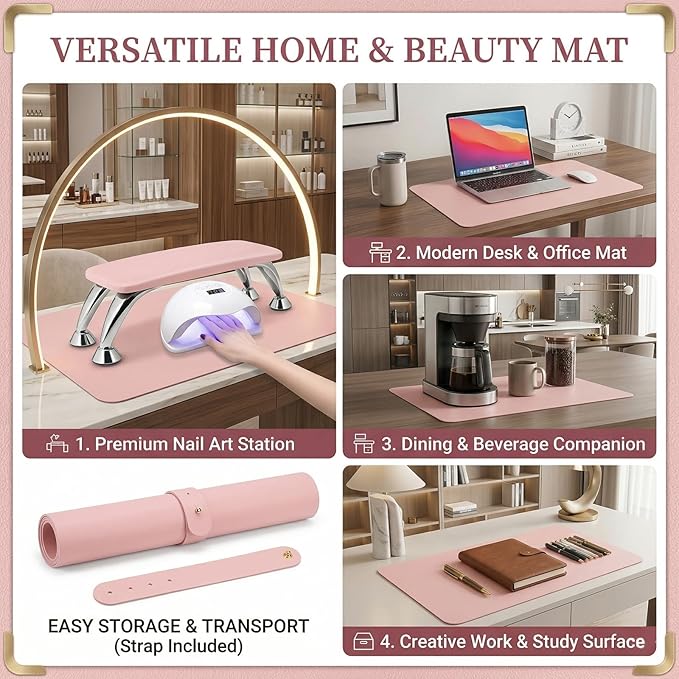 Nail Art Table Mat, Foldable Nail Hand Rest Manicure Pad, Soft Microfiber PU Leather Nail Mat, Nail Arm Rest Pad for Acrylic Nails, Nail Table Pad Desk Mat for Nail Technician Salon Home (Pink)