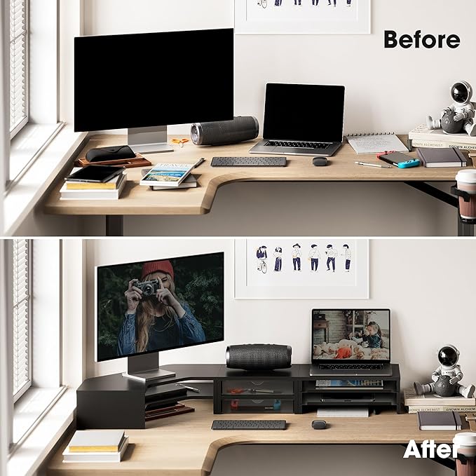 Fenge Dual Monitor Stand, Corner Monitor shelf with Drawer and Slide-Out Tray, 2 Tier Triangle Monitor Riser with Storage, Desk Shelf Organizer for Desk, Home Office, Computer, Laptop, Printer