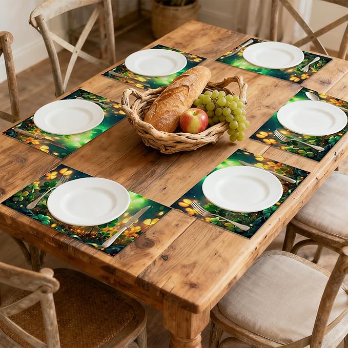 Linen Placemats Set of 6, St Patrick's Day Green Grass Washable Table Mats 12x18 Inch, Heat Resistant Non Slip Placemats for Dining Table Kitchen Everyday Use