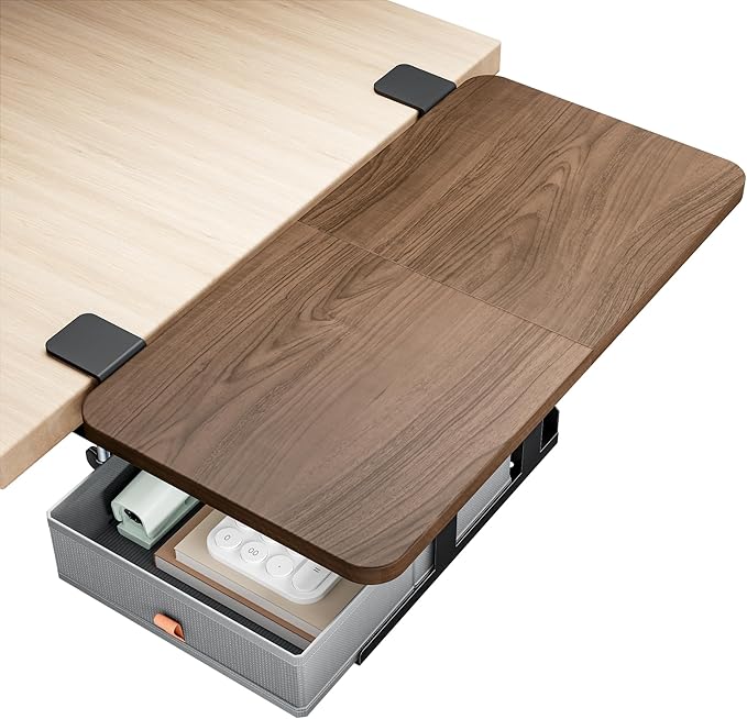 PEGZONE Desk Extender Tray, 24" x 12" Clamp On Desk Shelf, Desk Extension with Storage Drawer, Table Desk Arm Rest, Clamp On Keyboard Tray for Office and Home, Workstation Organizer, Medium, Walnut