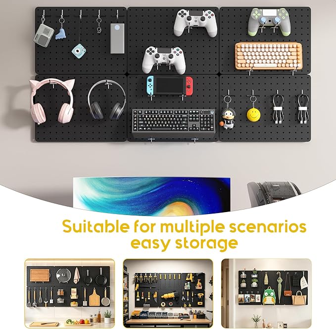 Peg Board for Tools, 6 Pack Metal Pegboard Wall Organizer with Hooks,14.76"×10.82" Black Pegboard Panels for Walls Home, Garage Tool Storage, Kitchen, Office Organization, Craft Room