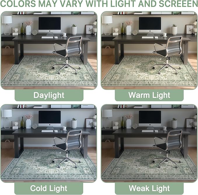 60"x60" Office Chair Mat for Hardwood Tile Floor, Under Desk Carpet Protector for Rolling Computer Chair Mat, Machine Washable Round Area Rug, Anti-Slip 1/5" Thick Low Pile Thin Floor Mat, Green