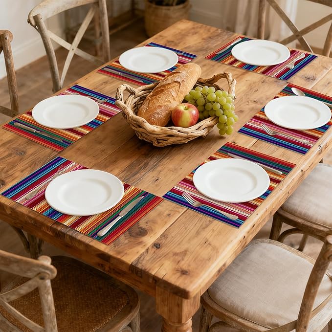 Mexican Ethnic Colorful Stripes Placemats Set of 6 Linen Table Mats, 12x18 Inch Washable Placemats for Dining Table, Non Slip Heat Resistant Mats for Kitchen Home Decor