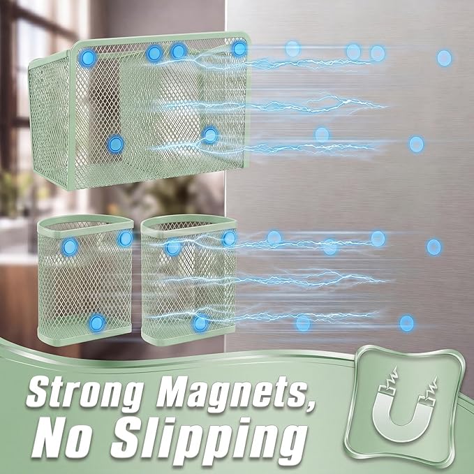 Marspark 3 Pcs Magnetic Pen Holder Set Metal Pencil Holder with Strong Magnets Wire Mesh Storage Basket Organizer for Locker Accessories Whiteboard Refrigerator School Office Dorm(Sage Green)