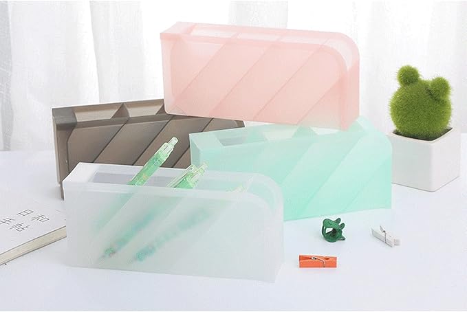 Tissting Pen Holder for Desk, 4 Compartment Pencil Organizer Tiered Vanity Countertop Makeup Brush Desktop Storage Rack, Plastic Angled Storage Organizer for Pen Makeup Brush (Black)