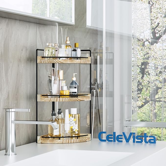Corner Bathroom Counter Organizer, 3 Tier Bathroom Storage Countertop for Skincare, Sink Shelf for Kitchen Decor, Vanity, Dresser, Makeup, Gift(Rustic Brown)