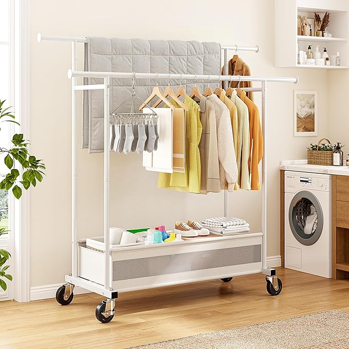 Clothes Rack, Double Rods Clothing Rack, Clothing Racks for Hanging Clothes, Rolling Clothes Rack with Storage Basket & Heavy Duty Wheels, Garment Rack for Bedroom, Laundry Room, White