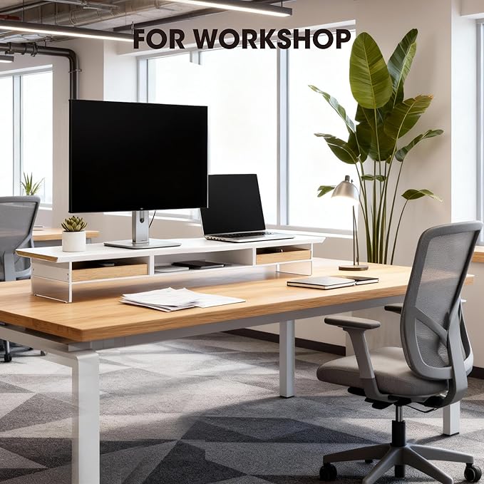 Fenge 42.5” Dual Monitor Stand Riser with 2 Felt-Lined Drawers, Aesthetic Metal and Wood Monitor Shelf with Acrylic Legs, 2-Tier Desk Organizer for 2 Monitors, Laptop, Printer, TV, White