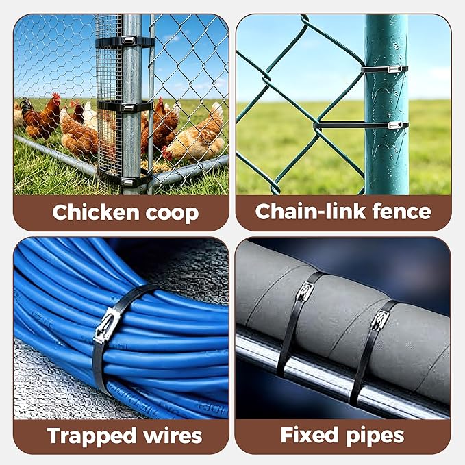 Stainless Steel Cable Tie Gun Kit, 300 Pcs Black 304 Stainless Steel Zip Ties with Cutter, Heavy Duty Metal Cable Ties, 200 11.8-Inch and 100 7.8-Inch for Fence, Farm, Chicken Coop, Pipe