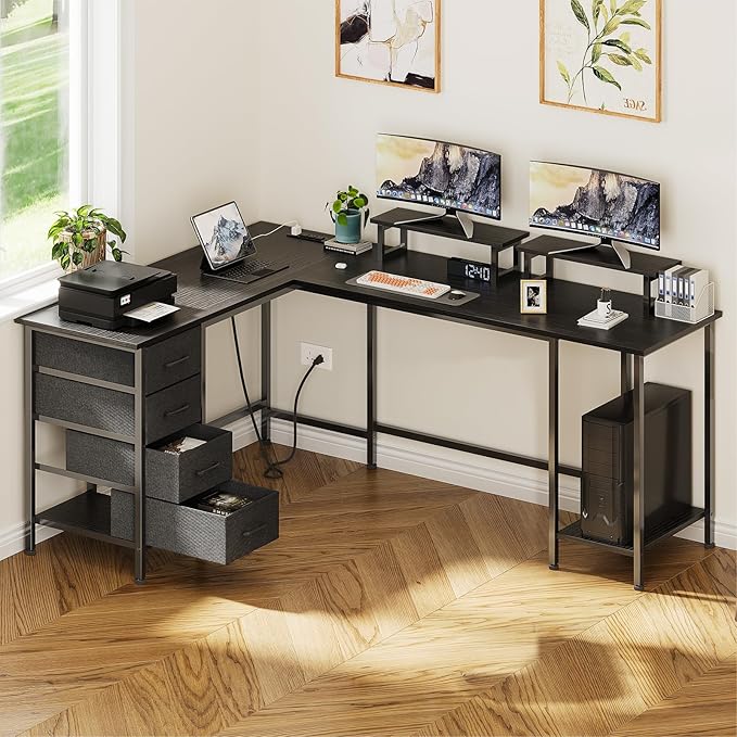 Korfile 66" L Shaped Computer Desk, 94.4'' Home Office Desk with Power Outlets, 4 Adjustable Storage Drawers & 2 Monitor Stands, Large Two Person Gaming Table for Writing Study, Black