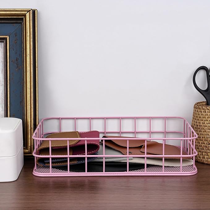 Black Metal Wire Cabinet Organizer Storage, Iron Grid Storage, Tray Net Basket Storage for Office, Home Decoration (Pink)
