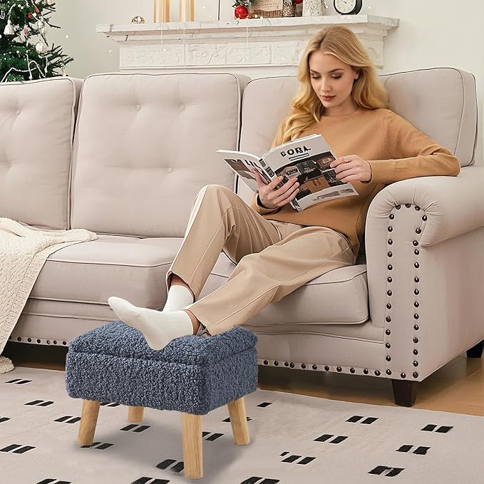Storage Ottoman, Small Foot Stool Ottoman with Storage, Teddy Velvet Foot Rest with Wood Legs, Footstool for Living Room, Bedroom, Entryway, Blue