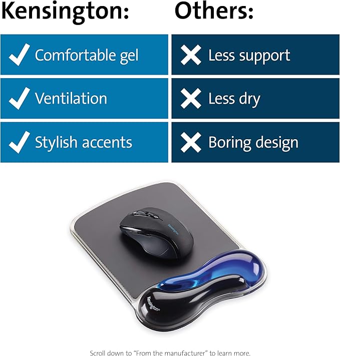 Kensington Duo Gel Mouse Pad with Wrist Rest, Ergonomic Wrist Support for Pain Relief, Comfortable Non-Skid Gel Pad for Computer, Laptop, Office & Home 9.6" x 7.6", Blue K62401AM, Pack of 4