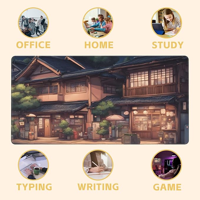 Anime Architecture Large Extended Gaming Mouse Pad Japanese Town XXL Mousepad Desk Pad for Keyboard and Mouse, Non-Slip Rubber Base Mousepad with Stitched Edges for Office Desk Decor, 31.5 x 15.8 in