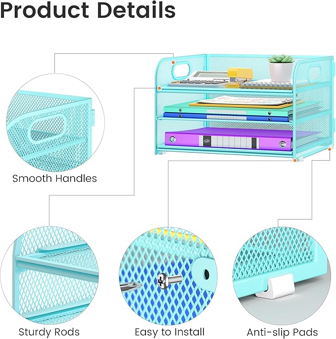 Cawukege 2 Pack 3 Tier Paper Organizer with Handle, Metal Desk Organizer Mesh Paper Letter Tray Desktop File Folder Document Sorter for Classroom, School, Office Accessories Storage (2, Blue)