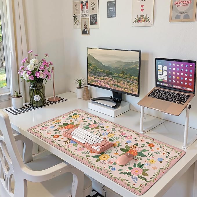 HAOCOO Large Pink Mouse Pad, Waterproof Cute Keyboard Mat, Non-Slip Desk Mat for Cubicle, 35.4" x 15.7" Desktop Mat with Stitched Edges, Girly Desk Organizers & Accessories for Women