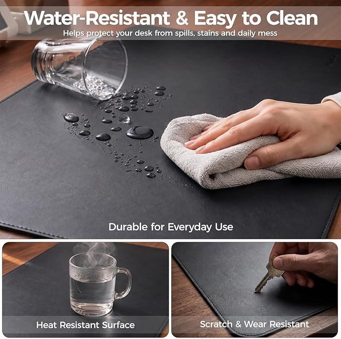 Large Desk Pad Non-Slip Desk Mat Protector for Keyboard Mouse Waterproof Vegan Leather Surface Faux Leather Laptop Mat Smooth Mouse Pad Premium Gift Tube Obsidian Black 39" x 17"