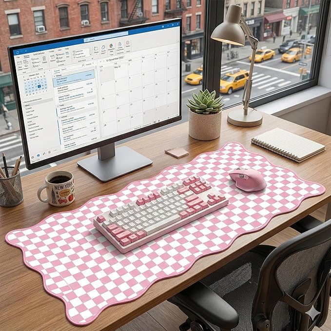 Scalloped Desk Mat Extended Large Cute Pink Mouse Pad Farmhouse Desk Pad XXL Aesthetic Plaid Mousepad Checkered Gaming Mouse Pad for Keyboard Computer Laptop Home Office Accessories Girl 35.4X15.7Inch