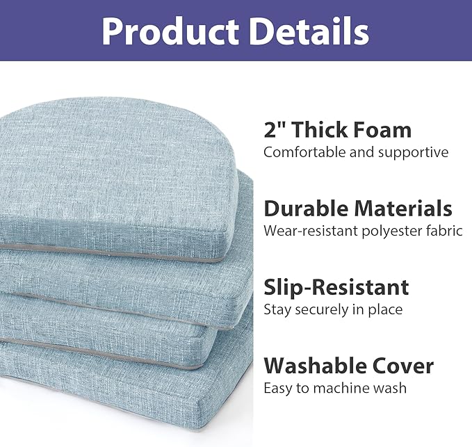 IPYNBAP Chair Cushions for Dining Chairs, Kitchen Chair Cushions, 16'' x 16'' x 2'', Non Slip Indoor Seat Cushions, Chair Pads for Dining Chairs with Ties & Removable Cover, Set of 2, Light Blue