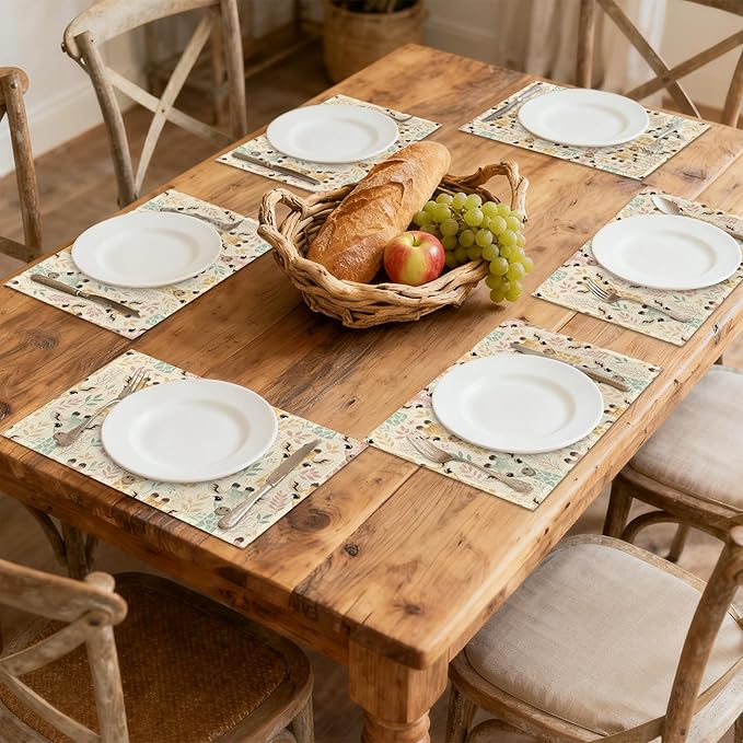 Placemats Set of 6, Animal Cute Giraffe Linen Placemats 12x18 Inch, Heat Resistant Table Mats, Washable Non Slip Place Mats for Dining Table Kitchen Home
