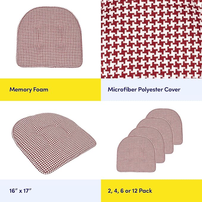 Sweet Home Collection Chair Cushion Memory Foam Pads Tufted Slip Non Skid Rubber Back U-Shaped 17" x 16" Seat Cover, 2 Count (Pack of 1), Houndsooth Red