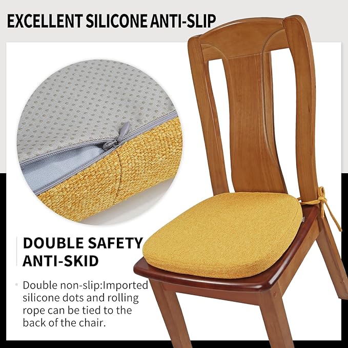 SINOSSO 4 Pack Memory Foam Chair Cushions for Dining Chairs, Friendly Woven Fabric 16" U-Shape Comfortable Kitchen Chair Pads, Removable Slip Resistant Seat Cushions (Set of 4, Yellow)
