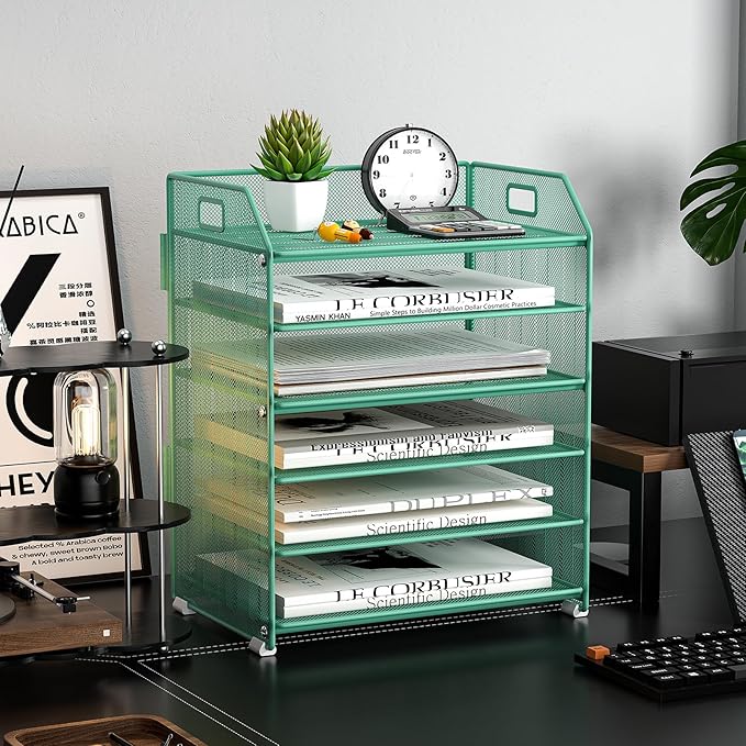 6 Trays Paper Organizer Letter Tray with Pull-Out Drawer, Assembled Mesh Desk File Holder, Metal Paper Sorter for Office Documents, Green