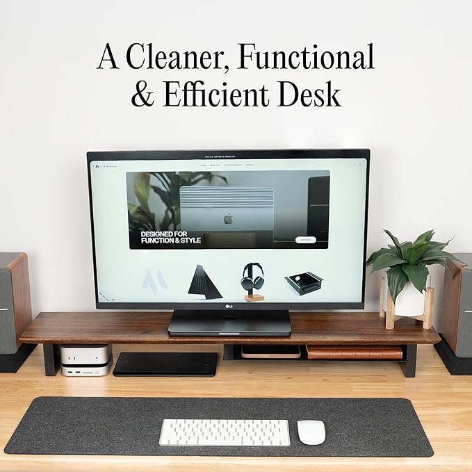 COREMINDED Solid Wood Dual Monitor Stand Riser – 42" Walnut Desk Shelf for 2 Monitors with Tray & Wool Felt, Organizer for Desktop, Laptop and Office (Walnut)