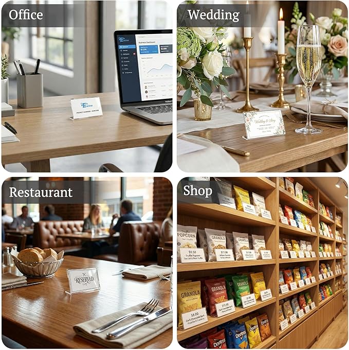 EHWINE 36 Pack Clear Acrylic Sign Holders, 3.5 x 2 Inch Slanted L-Shaped Name Tag & Price Label Display Stand for Restaurant Table, Retail Shelf, Office Desk, Trade Show