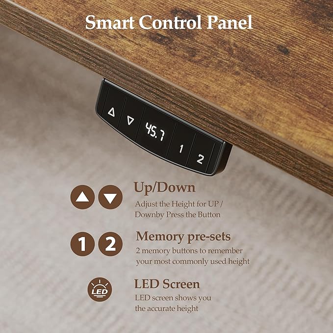 Klicelor 63 x 28 Electric Standing Desk, Sit Stand Up Home Office Desk, Height Adjustable Deep Cumputer Table with Memory Presets and Hooks, Two Pieces, Rustic Brown