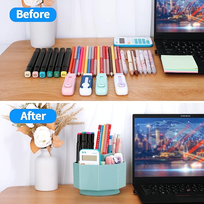 LETURE Desk Organizer, 360-Degree Rotating Pen Pencil Holder, 5 Compartments Desktop Stationary Organizer, Home Office Art Supply Storage Box Caddy (BLUE)